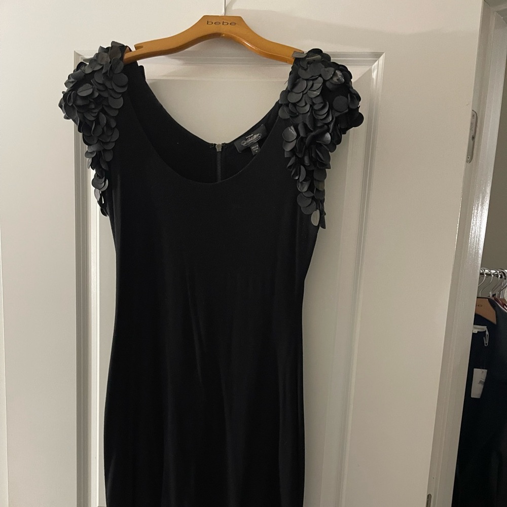 Black Mini Dress With Faux Leather Detail On The Sleeves